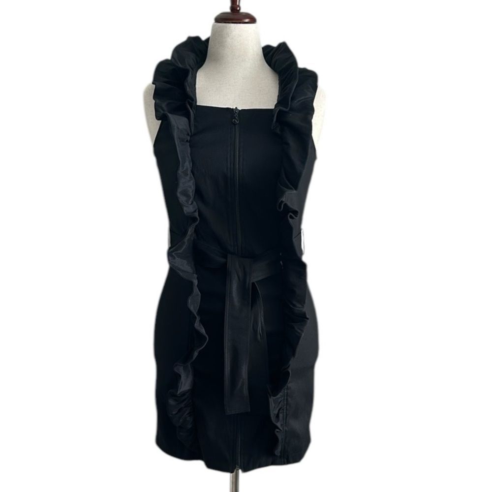 Samuel Dong Mini Dress Front Zipper Moldable Ruffled Belted Taffeta Black Size S